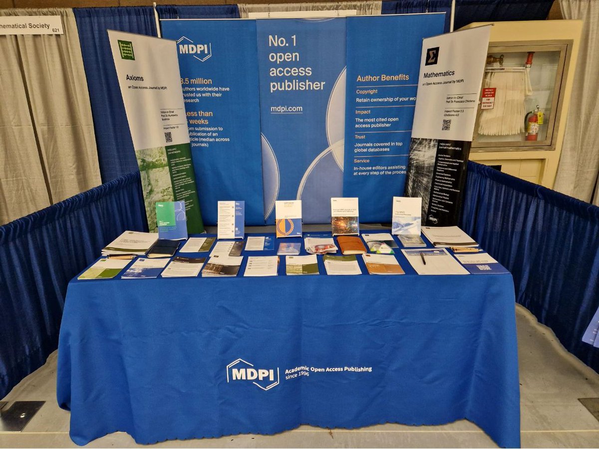 MathematicsMDPI's tweet image. 🎉 It's day 2 at the 2025 Joint Mathematics Meetings! 
Come by the booth at #623 to talk to us about how MDPI can support your research and boost its reach!
🔗 buff.ly/3AYA7fE
#JMM2025 @MDPIOpenAccess @ComSciMath_Mdpi