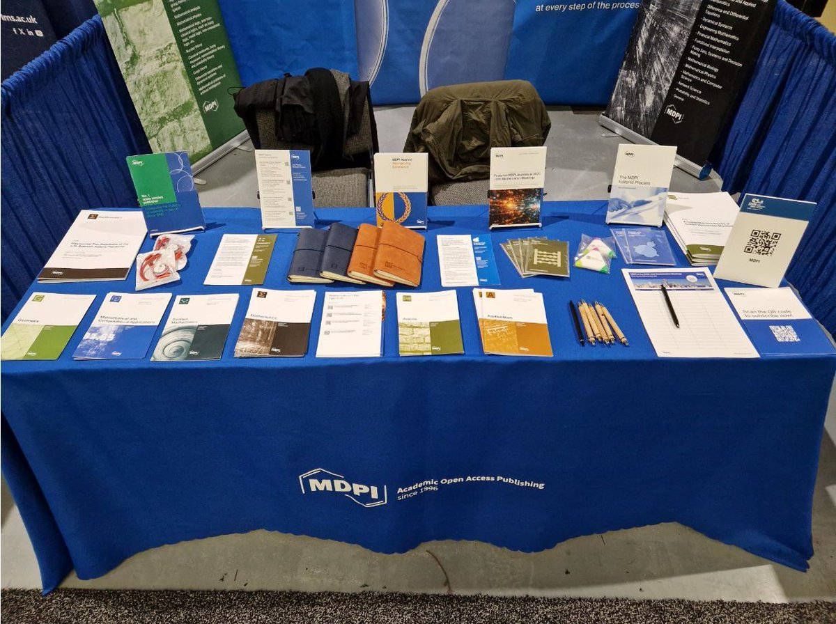 MathematicsMDPI's tweet image. 🎉 It's day 2 at the 2025 Joint Mathematics Meetings! 
Come by the booth at #623 to talk to us about how MDPI can support your research and boost its reach!
🔗 buff.ly/3AYA7fE
#JMM2025 @MDPIOpenAccess @ComSciMath_Mdpi