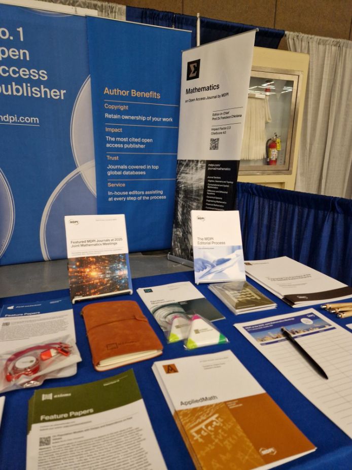 MathematicsMDPI's tweet image. 🎉 It's day 2 at the 2025 Joint Mathematics Meetings! 
Come by the booth at #623 to talk to us about how MDPI can support your research and boost its reach!
🔗 buff.ly/3AYA7fE
#JMM2025 @MDPIOpenAccess @ComSciMath_Mdpi