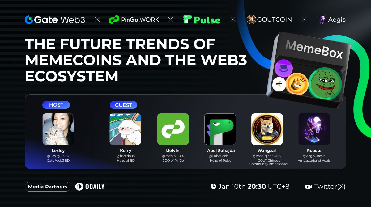 GateDEX's tweet image. 🎯 #GateWeb3 MemeBox Space #04
🌟 Topic: The Future Trends of Memecoins and the Web3 Ecosystem
🎁 Giveaway Alert: 5 winners x $5!
📌 How to Participate:
 ✅ Follow @GateWeb3Wallet &amp;amp; @GateMemeBox
 ✅ Like, Retweet, and Tag 3 Friends
🗓️ Date &amp;amp; Time: January 10th, 8:30 PM (UTC+8)…