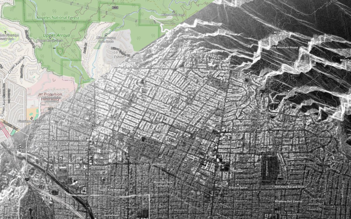 Ritwik_G's tweet photo. High-resolution SAR imagery over Altadena, CA shows a really dire situations: entire neighborhoods have been wiped out. Houses generally result in pretty clean scatters, but their debris results in bright fields seen here. #EatonFire #cawx https://t.co/zDP3HMdC7n