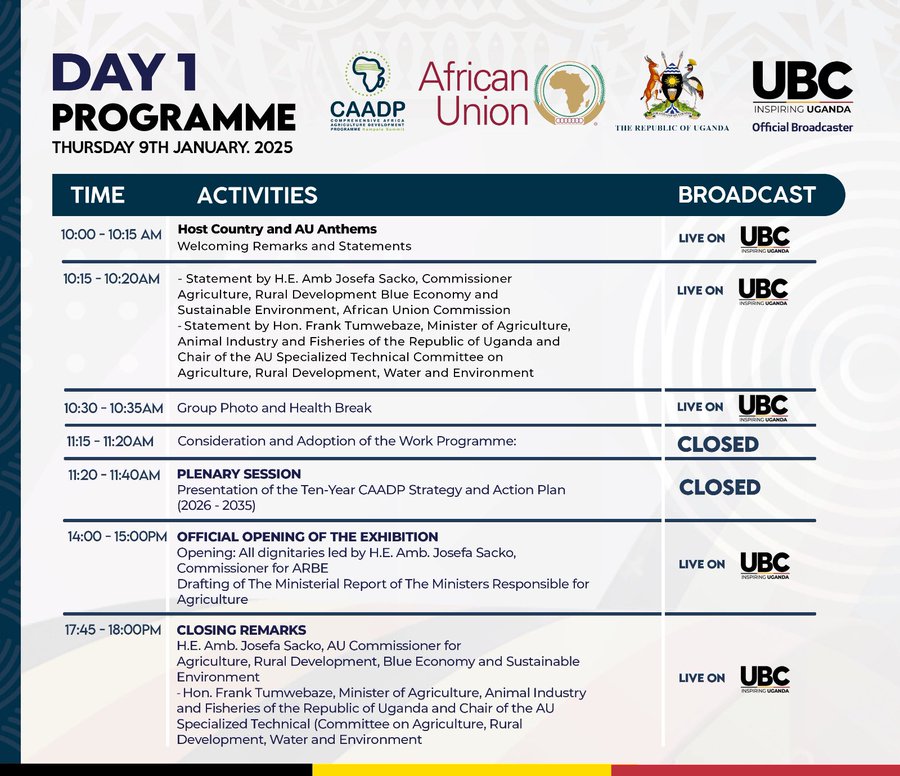 Day 1: 𝐏𝐫𝐨𝐠𝐫𝐚𝐦 𝐨𝐟 𝐭𝐡𝐞 Comprehensive Africa Agricultural Development (𝐂𝐀𝐀𝐃𝐏) 𝐊𝐚𝐦𝐩𝐚𝐥𝐚 𝐒𝐮𝐦𝐦𝐢𝐭 . #CAADPKampala25
Follow proceedings LIVE 

👇 Link: youtube.com/@ubctvuganda?s…