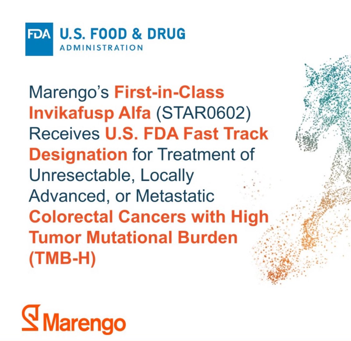 Marengo Therapeutics is proud to announce that we received FDA Fast Track Designation for our First-in-Class Invikafusp Alfa (STAR0602) for treatment of unresectable, locally advanced, or metastatic colorectal cancers with high tumor mutational burden (TMB-H)
