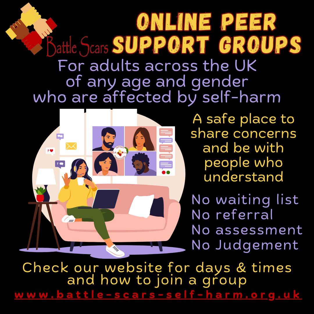 Battle Scars supports people of any age &amp; gender who are affected by self-harm There's no waiting list no referral &amp; no assessment needed Check out the days/times of our support groups click: battle-scars-self-harm.org.uk/i-self-harm.ht… #battlescarssurvivorled #BattleScarsYoureNotAlone