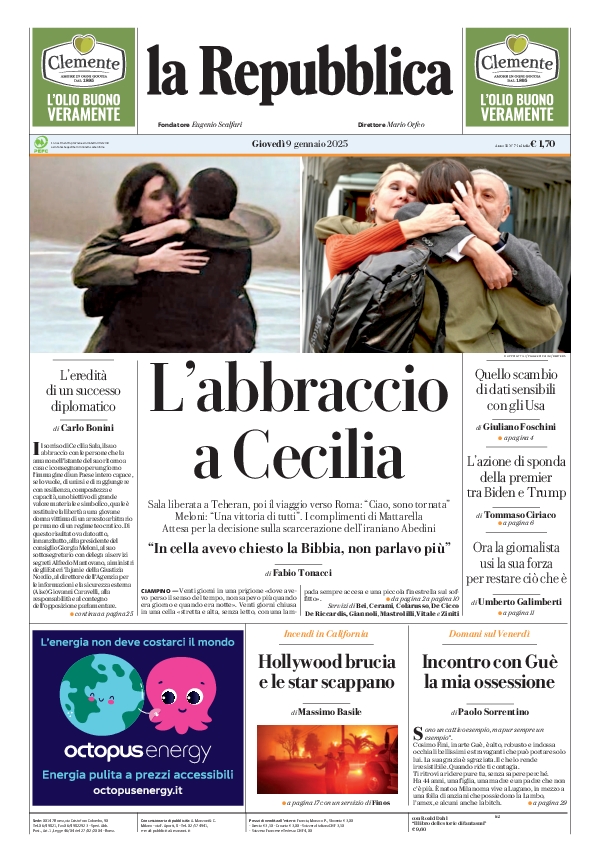 repubblica's tweet photo. La prima pagina di oggi #9january https://t.co/LZaZp2Gm1r 📰 https://t.co/6SyKzb57Ty