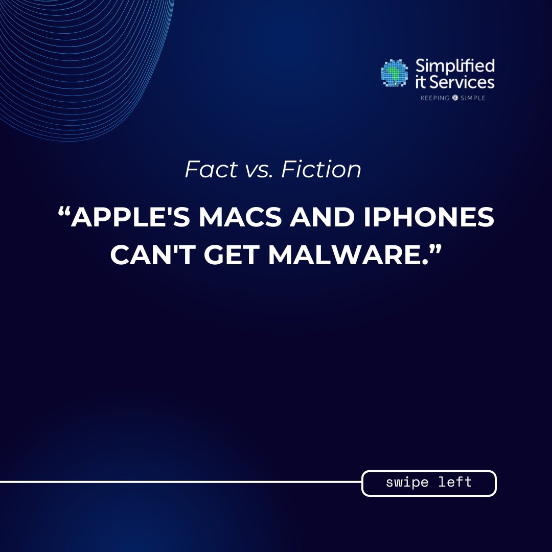 0861SIMPLY's tweet photo. Is your Mac or iPhone truly immune to malware? 🍏🤔 Let’s uncover the truth! Swipe to see the facts. 💡🔐 #TechMyths #KeepingITSimple #ThinkSecure https://t.co/9NbORfqs2H