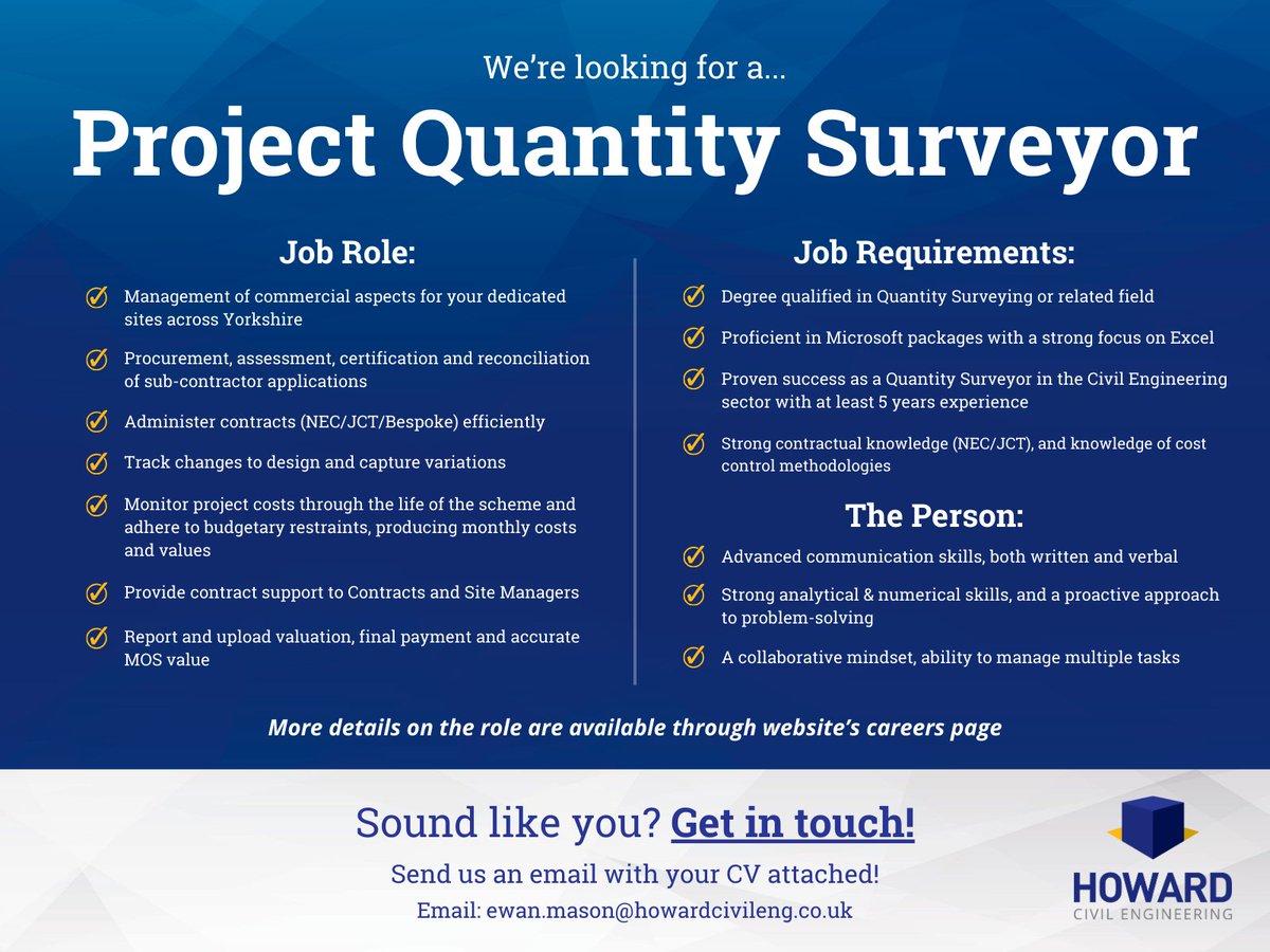 ❗ NEW OPPORTUNITY! ❗

📋 We are on the lookout for a Project Quantity Surveyor to join us at our head office in Leeds. If you're interested in this position, please get in touch!

👉 For more information on the role, visit our website's job listing here: howardcivileng.co.uk/vacancy/projec…
