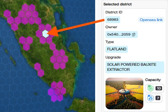 Trythonite's tweet photo. @explore_thecore Once a district is upgraded (if possible), its productivity depends on how many sides touch active districts. Claiming it last in the center of a hexagon maximizes output, as seen in the screenshot. https://t.co/jNowunKi73