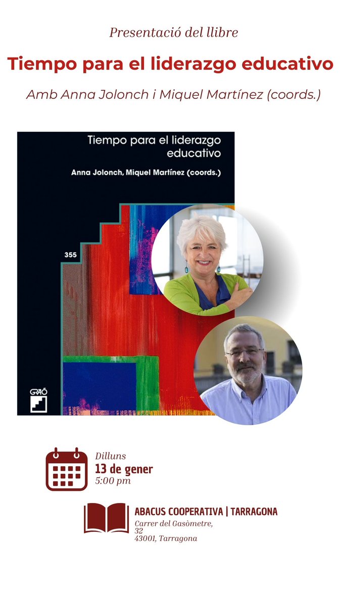 LID Barcelona - Centre de Lideratge Educatiu (@lid_barcelona) on Twitter photo 📚 Aquest dilluns 13 de gener, us esperem a Tarragona per a la presentació del llibre "Tiempo para el Liderazgo educativo", amb la participació dels seus coordinadors, <a href="/AnnaJolonch/">Anna Jolonch</a> i Miquel Martínez. Un esdeveniment organitzat pel <a href="/crptgn/">CRP del Tarragonès</a>. No us ho perdeu! 👥✨ #LideratgeEducatiu 📚 Aquest dilluns 13 de gener, us esperem a Tarragona per a la presentació del llibre "Tiempo para el Liderazgo educativo", amb la participació dels seus coordinadors, <a href="/AnnaJolonch/">Anna Jolonch</a> i Miquel Martínez. Un esdeveniment organitzat pel <a href="/crptgn/">CRP del Tarragonès</a>. No us ho perdeu! 👥✨ #LideratgeEducatiu