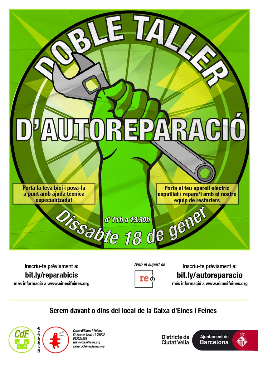 #CaixadEines #bibliotecadobjectes #CascAntic (@cdeinesifeines) on Twitter photo Iniciem el 2025 amb un doble taller d'#autoreparacio!
#restartparty: porta el teu electrodomèstic espatllat i repara'l amb l'ajuda del nostre equip
Mecànica de bicicletes: posa a teva punt amb <a href="/Mechaenciende/">Mecha</a>.
Ds 18 11h
Inscripcions:
bit.ly/autoreparacio
bit.ly/reparabicis Iniciem el 2025 amb un doble taller d'#autoreparacio!
#restartparty: porta el teu electrodomèstic espatllat i repara'l amb l'ajuda del nostre equip
Mecànica de bicicletes: posa a teva punt amb <a href="/Mechaenciende/">Mecha</a>.
Ds 18 11h
Inscripcions:
bit.ly/autoreparacio
bit.ly/reparabicis