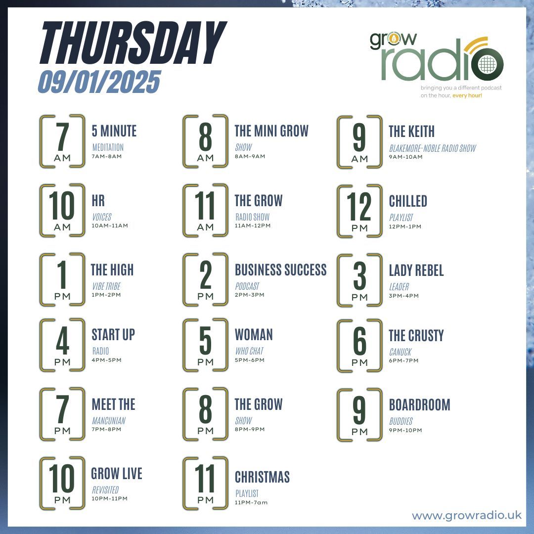 GrowRadioUK's tweet photo. Come and take a look at the schedule for GROW Radio today!
#GROWRadio #Podcasts #ListenToday #PodcastIdeas #Office #Workspaceideas #Interviews #Radio https://t.co/19g3cLBW60