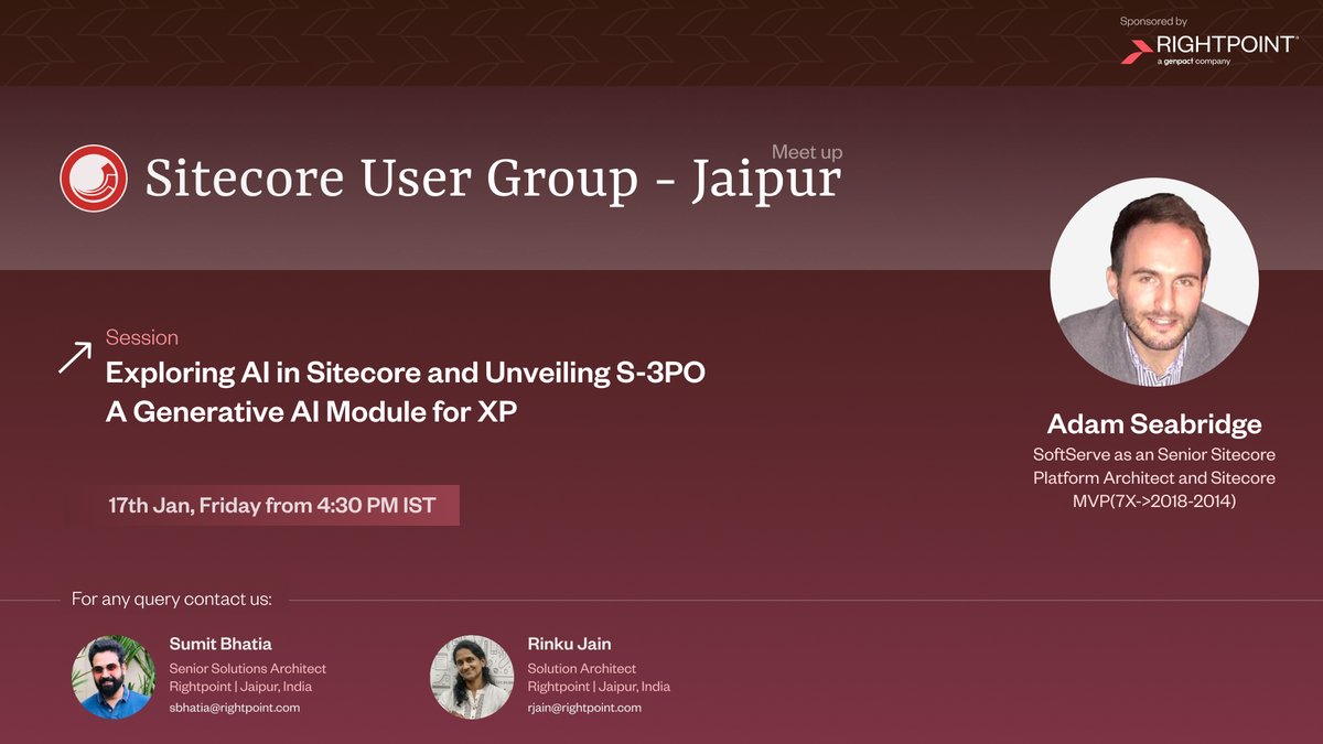 Rinku Jain (@rinkujain79) on Twitter photo We are here with our first user group of 2025 and its related to current hot topic i.e. AI with Sitecore with Adam Seabridge together with current modules build for it.
community.sitecore.com/community?id=c…
meetup.com/sitecore-user-…
@WeAreSitecore <a href="/Sitecore/">Sitecore</a> <a href="/learnsitecore/">Sitecore Learning</a> @SitecoreMVP We are here with our first user group of 2025 and its related to current hot topic i.e. AI with Sitecore with Adam Seabridge together with current modules build for it.
community.sitecore.com/community?id=c…
meetup.com/sitecore-user-…
@WeAreSitecore <a href="/Sitecore/">Sitecore</a> <a href="/learnsitecore/">Sitecore Learning</a> @SitecoreMVP