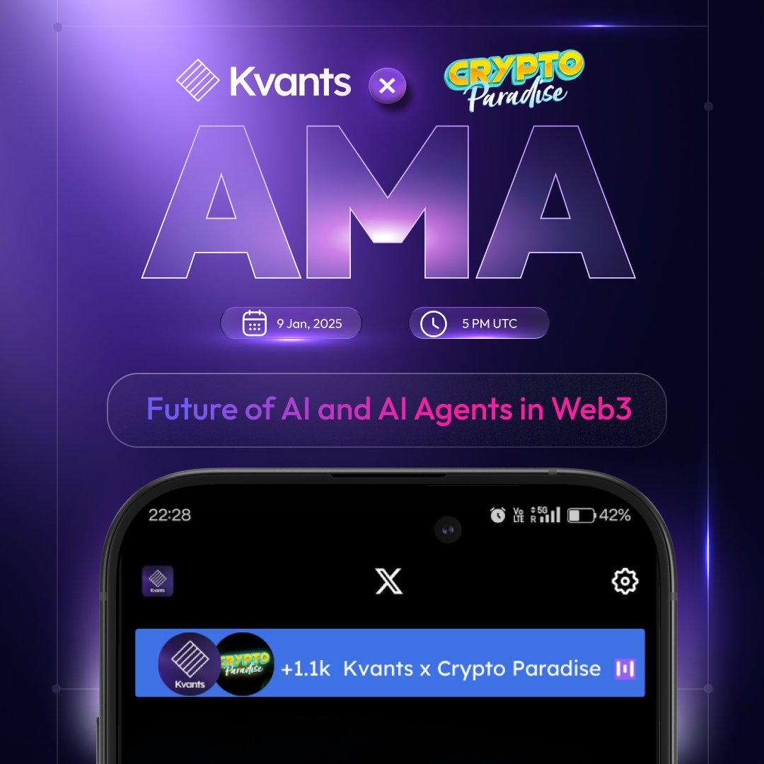 🤔Wanna know the role of #AIAgents in the #web3 trading space?

Then hop on to <a href="/xCryptoParadise/">Crypto Paradise</a> #AMA today at 5 PM UTC where we share insights on how #Kvants #AI Agent will generate alpha profits for the users.

X Space: x.com/i/spaces/1RDxl…