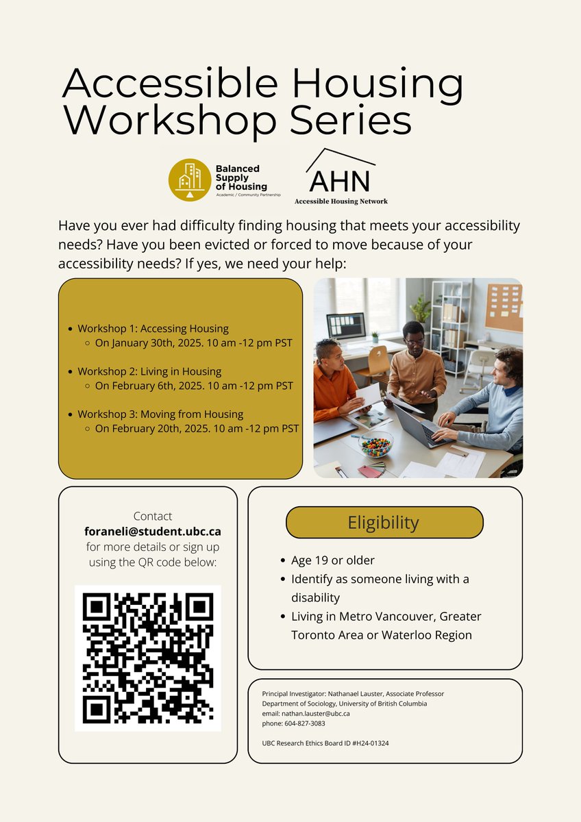 UBC &amp; <a href="/accessibleAHN/">Accessible Housing Network</a>  want to understand how folks define accessible housing, as well as their successes &amp; challenges accessing, occupying, and exiting housing

Workshops &amp; survey will open soon with honorariums up to $100. See poster for more #bcpoli #vanpoli #vancouver #housing