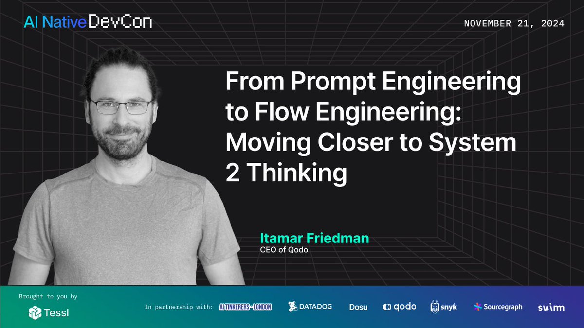 tessl_io's tweet image. 🌟 How are AI models evolving? @itamar_mar presented on the transition to flow engineering and its profound impact on cognitive capabilities. Catch up on the session to explore the future of AI-driven problem-solving! ⚙️ #AINativeDev tessl.co/41V30o4