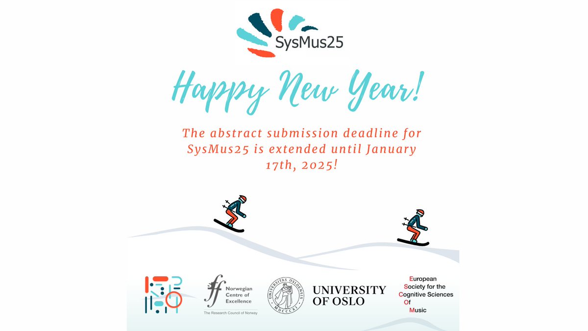 🎉 Happy New Year, systematic musicology students! 🎵📚
🚨 Important SysMus25 Update 🚨
📅 Abstract submission deadline EXTENDED to January 17th, 2025!
🔗 Submit your abstract: uio.no/ritmo/english/…