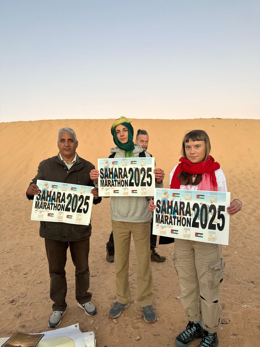 la activista climática <a href="/GretaThunberg/">Greta Thunberg</a> ha visitado los campamentos de refugiados en Tinduf y ha aprovechado para solidarizarse con la causa del pueblo saharaui y apoyar el #SaharaMarathon2025
¡¡¡Muchísimas gracias, amiga!!! ❤️ 🇪🇭