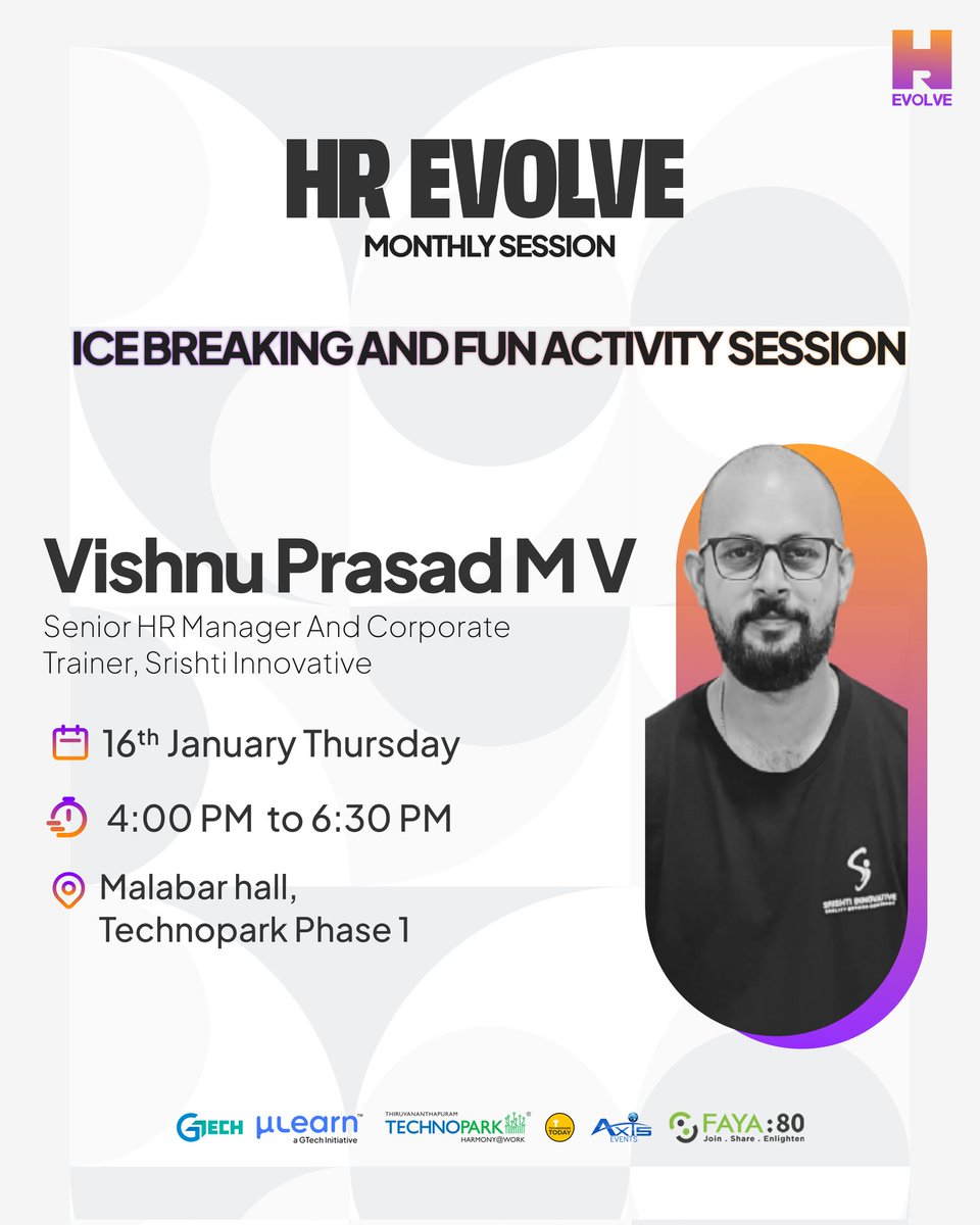 Ready to break the ice?Join our fun-filled Ice-breaking &amp; Activity Session on Jan 16th! 💡
📍Malabar Hall, Technopark Phase1|⏰4:00PM-6:30PM
🔥Insights by Vishnu Prasad M V, Sr. HR Manager
Don’t miss out! Register now: mulearn.org/r/hr-workshop
#HREvolve #TeamBuilding #HRNetworking