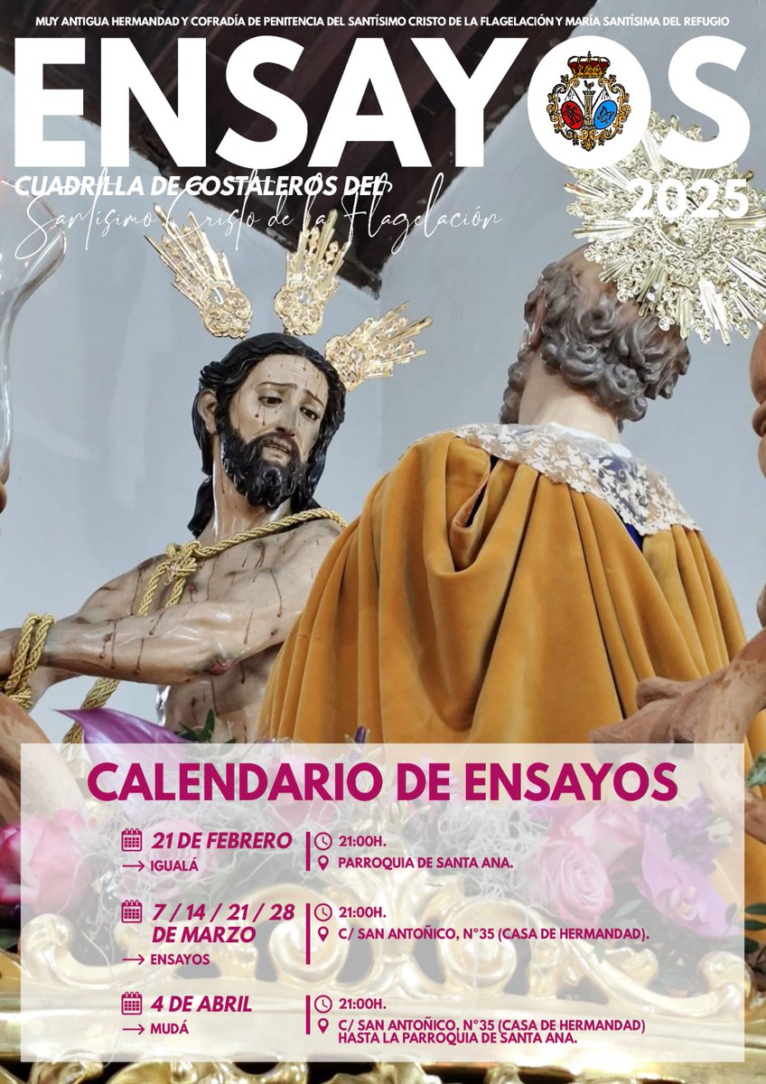 🔴CONVOCATORIA🔴 

Calendario de ensayos oficiales de nuestro titular, el Santísimo Cristo de la Flagelación, para la próxima estación de penitencia 2025.

#SiempreFlagelacionyRefugio