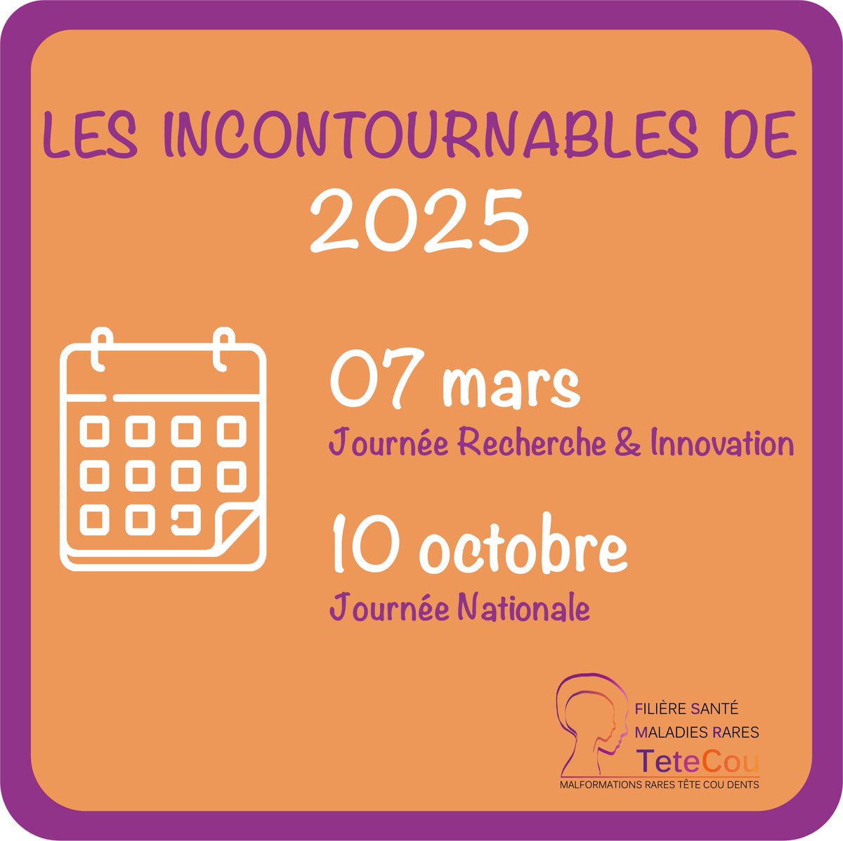 📆 [Evènements]
Nous voici en 2025 🎉 le bon moment pour noter dans son agenda les évènements à ne pas manquer :
📍le 7 mars : la Journée Recherche &amp; Innovation
👉🏼 s'inscrire : bit.ly/4h3A2Xg
📍le 10 octobre : la 10e Journée Nationale
et ses surprises😉
#maladiesrares