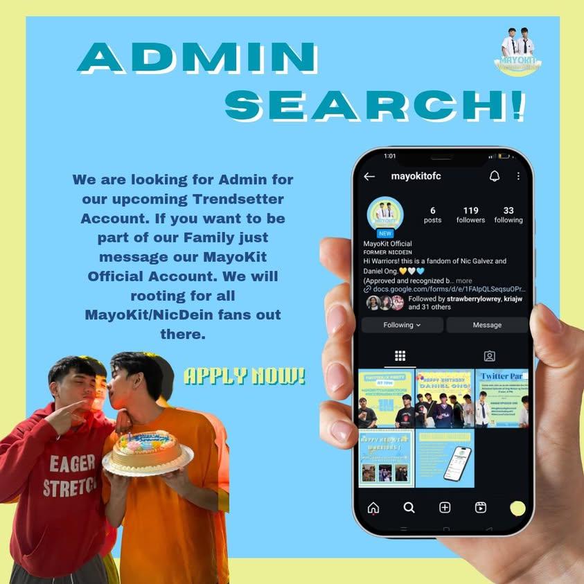MayoKitOfficial's tweet photo. ADMIN & EDITOR SEARCH!
Just DM our official MAYOKIT account. Apply now! 💛🤍🩵
#mayokit #nicdein #deinong #nicgalvez https://t.co/iZZNOABVFw