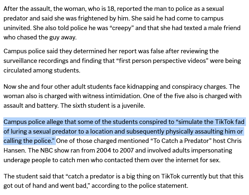 lizcourserants's tweet photo. This is the result of the predator catching online trend and of the mindset that every age gap between adults is pedophilia. Now a group of students are charged with kidnapping for luring &amp; beating a 22-year-old who matched with an 18 year old on Tinder. 
https://t.co/HbHEK0TaIl https://t.co/U3x5vD6gTQ