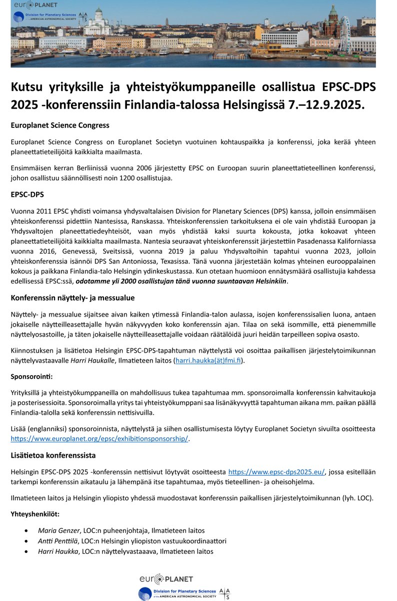 Ensimmäinen kutsu yrityksille ja yhteistyökumppaneille osallistua EPSC-DPS 2025 -konferenssiin Finlandia-talossa Helsingissä 7.–12.9.2025. #EPSC #Europlanet #DPS #avaruus #tiede #avaruustutkumus #avaruustekniikka