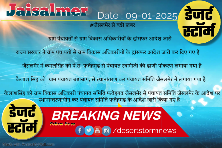 DesertS93769411's tweet photo. जैसलमेर - ग्राम पंचायतों से ग्राम विकास अधिकारीयों के ट्रांसफर आदेश जारी
#jaisalmer #Newsofjaisalmer #desertstormnews #keepyouupdated #jaisalmernewsinhindi https://t.co/3S4hvZYMd8