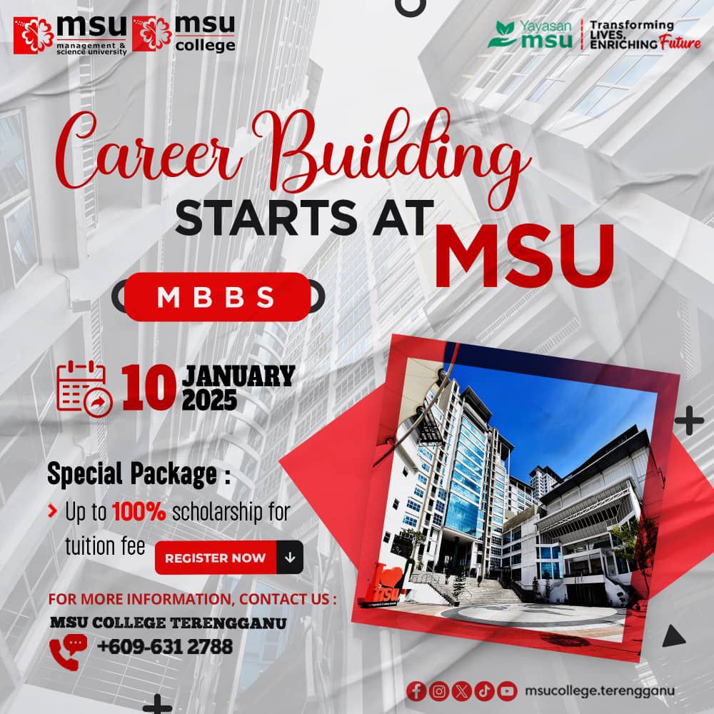 MSUcollege_trg's tweet photo. Shaping the healers of the future๐ฉบ๐
For enquiries, kindly contact ๐
๐ฒ 096312788
๐ฒ https://t.co/Anme2Nz4E0
๐ฒ https://t.co/FNDZ3ikHpL
#msumalaysia
#msucollegeterengganu
#medic
#lovefromMSU
#SPM2023
#SPM2022
#SPM2024
#stpm2023
#stpm2022
#diploma
#bachelor https://t.co/JLUK9V0gJx