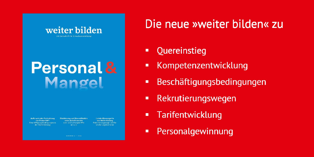 Lehrkräftemangel in der #Weiterbildung: Was gebraucht wird, um neues  Personal zu gewinnen und  Professionalität zu sichern, ist Thema in der aktuellen #weiter_bilden

"Personal &amp; Mangel"👉 u.wbv.de/wbdie2404so 

@die_bonn <a href="/ebportal/">erwachsenenbildung</a> <a href="/UHH_LLL/">LLLatUHH</a> <a href="/dipf_aktuell/">DIPF</a> 
#Erwachsenenbildung