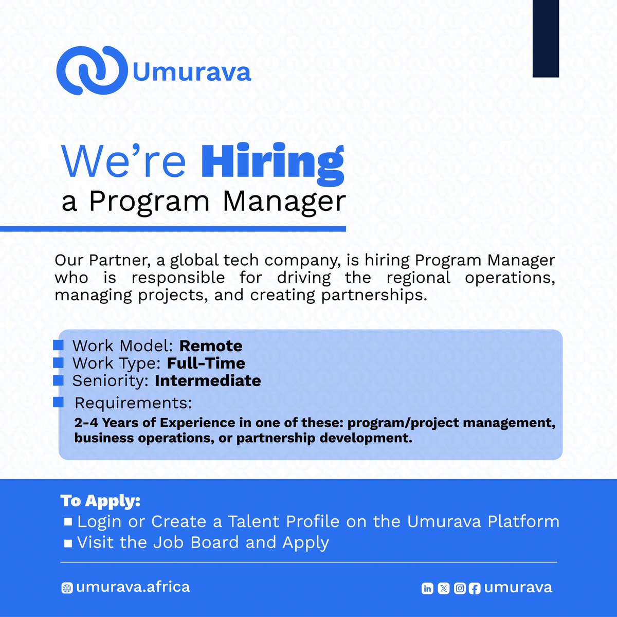 Umurava_'s tweet image. Our partner company is hiring a program manager.

Job Application Link: umurava.africa/talents/jobs/5…

How to Apply:

1. Login or Create a Talent Profile on the Umurava Platform 
2.Visit the Job Board and Apply 

#ProgramManager #JobOpportunity #CareerGrowth