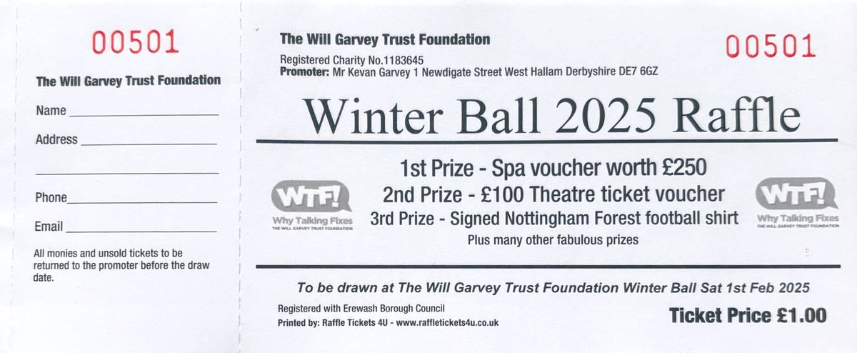 WhyTalkingFixes's tweet image. We are approaching our Winter Ball 2025, which means the return of the much-loved raffle!

We have some amazing prizes. A spa voucher worth £250, a £100 theatre ticket voucher, a signed Nottingham Forest shirt, and many more.

£5 per book. Drop us a message to purchase yours!