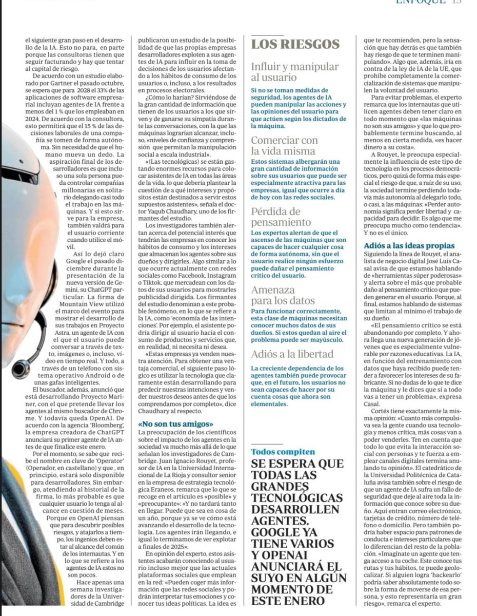 José Luis Casal (@jlcasal) on Twitter photo Agentes de IA; la #IA que viene en 2025 trabaja de mayordomo y toma decisiones sola.
Pero no es oro todo lo que reluce. Se hace más necesario que nunca potenciar el #PensamientoCrítico.
abc.es/tecnologia/ia-… by <a href="/RodAlonsoo/">Rodrigo Alonso</a>
Gracias por contar con mi opinión.
#tecnología Agentes de IA; la #IA que viene en 2025 trabaja de mayordomo y toma decisiones sola.
Pero no es oro todo lo que reluce. Se hace más necesario que nunca potenciar el #PensamientoCrítico.
abc.es/tecnologia/ia-… by <a href="/RodAlonsoo/">Rodrigo Alonso</a>
Gracias por contar con mi opinión.
#tecnología