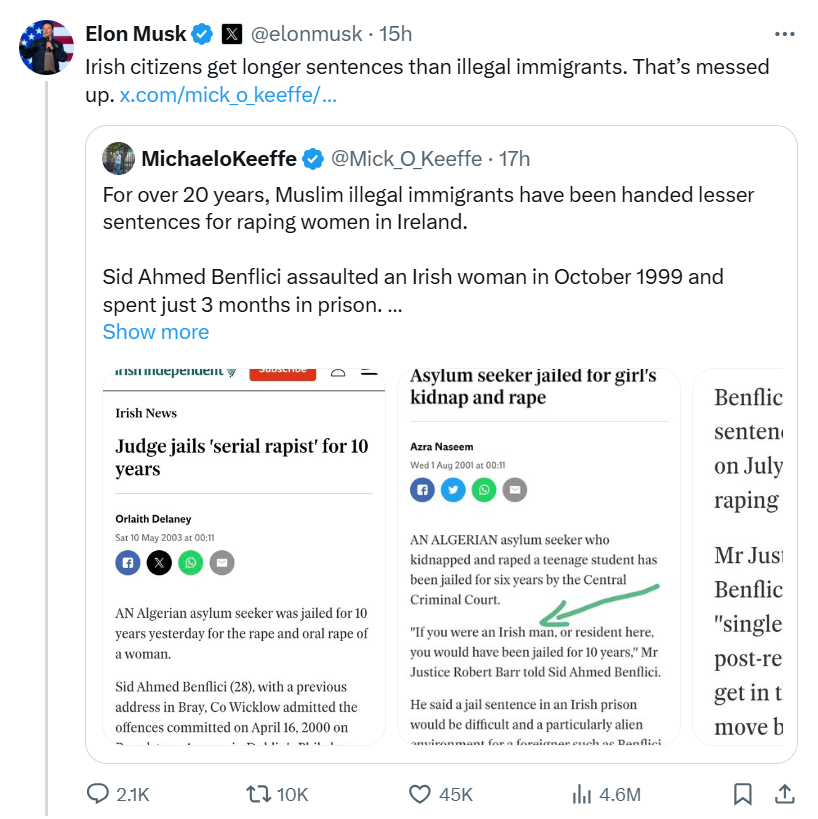 Zero basis for the assertion "Irish citizens get longer sentences than illegal immigrants."

Billionaires amplifying O'Keeffe's lies is quite depressing. 

For anybody into facts and figures, the entire opposite is probably closer to true: immigrants getting longer sentences. /1