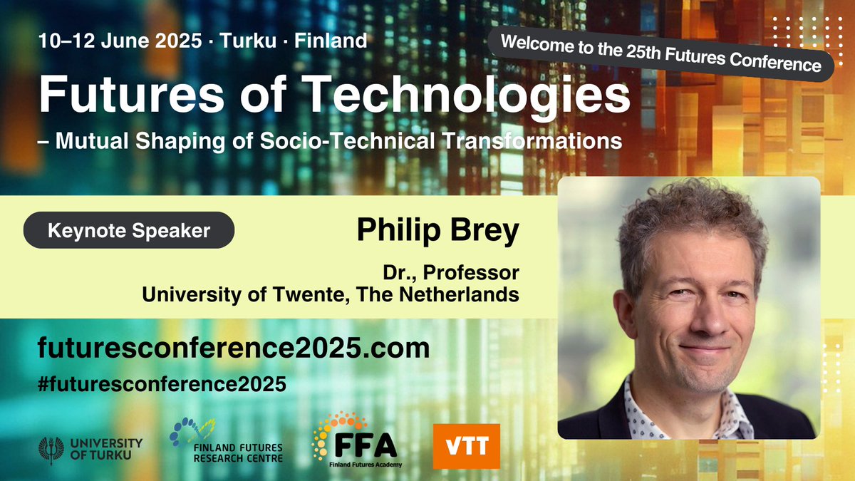 Welcome to the #FuturesConference2025 Dr.
<a href="/PhilBrey/">Philip Brey</a>! We are looking forward to hear your insights on approaches for ethical assessment of emerging technologies.
futuresconference2025.com/keynote-speake…
University of Twente <a href="/UniTurku/">Turun yliopisto - University of Turku</a>  <a href="/FFRC_Tutu/">Finland Futures Research Centre</a> @tvaffa <a href="/VTTFinland/">VTT</a> #futures #foresight
