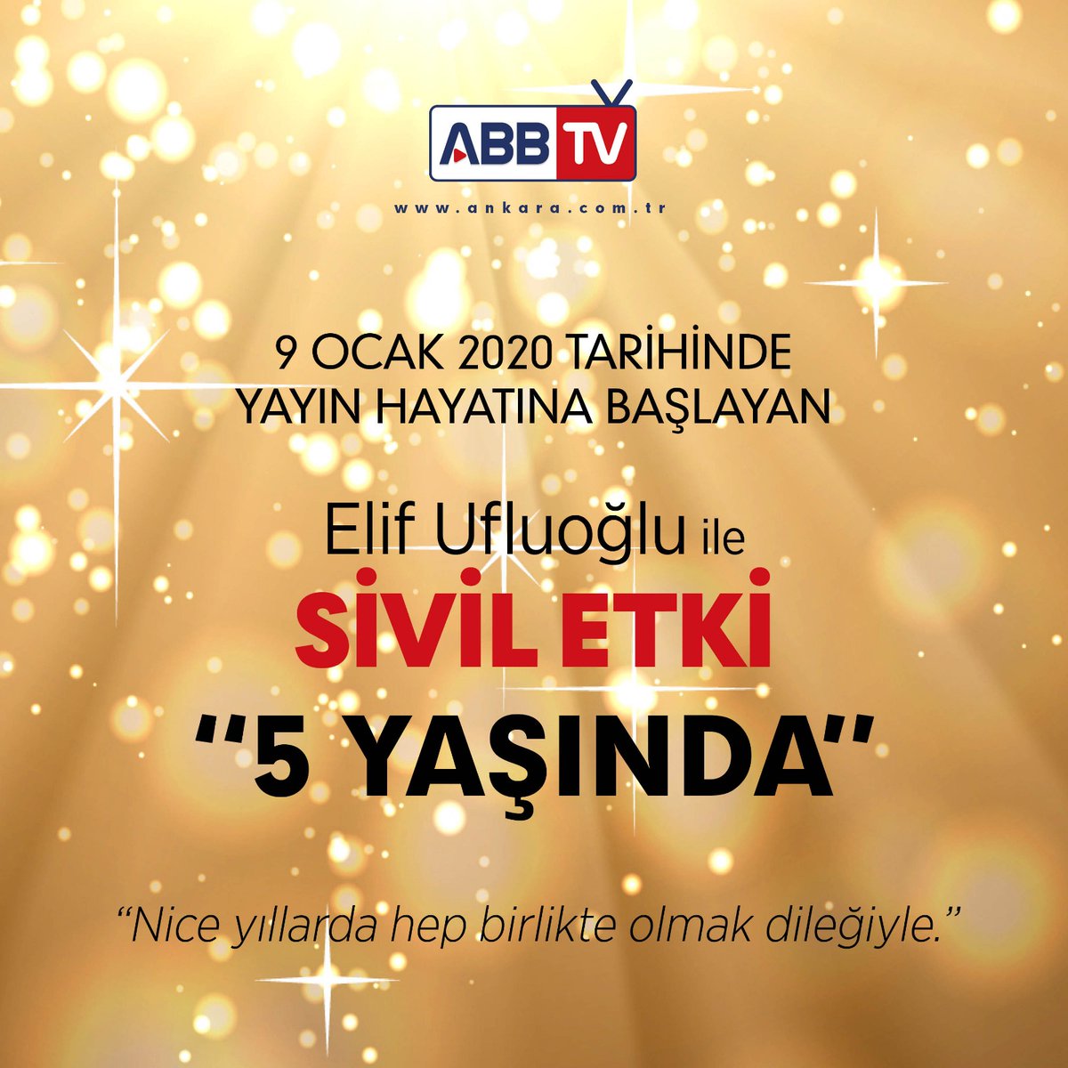 9 Ocak 2020 tarihinde yayın hayatına başlayan, Elif Ufluoğlu’nun hazırlayıp sunduğu “Elif Ufluoğlu ile Sivil Etki” programı 5 YAŞINDA!

"Sivil Etki", birbirinden değerli konukları ile her perşembe, 16.00’da canlı yayınla Ankara Büyükşehir Belediyesi ABB TV’de sizlerle.