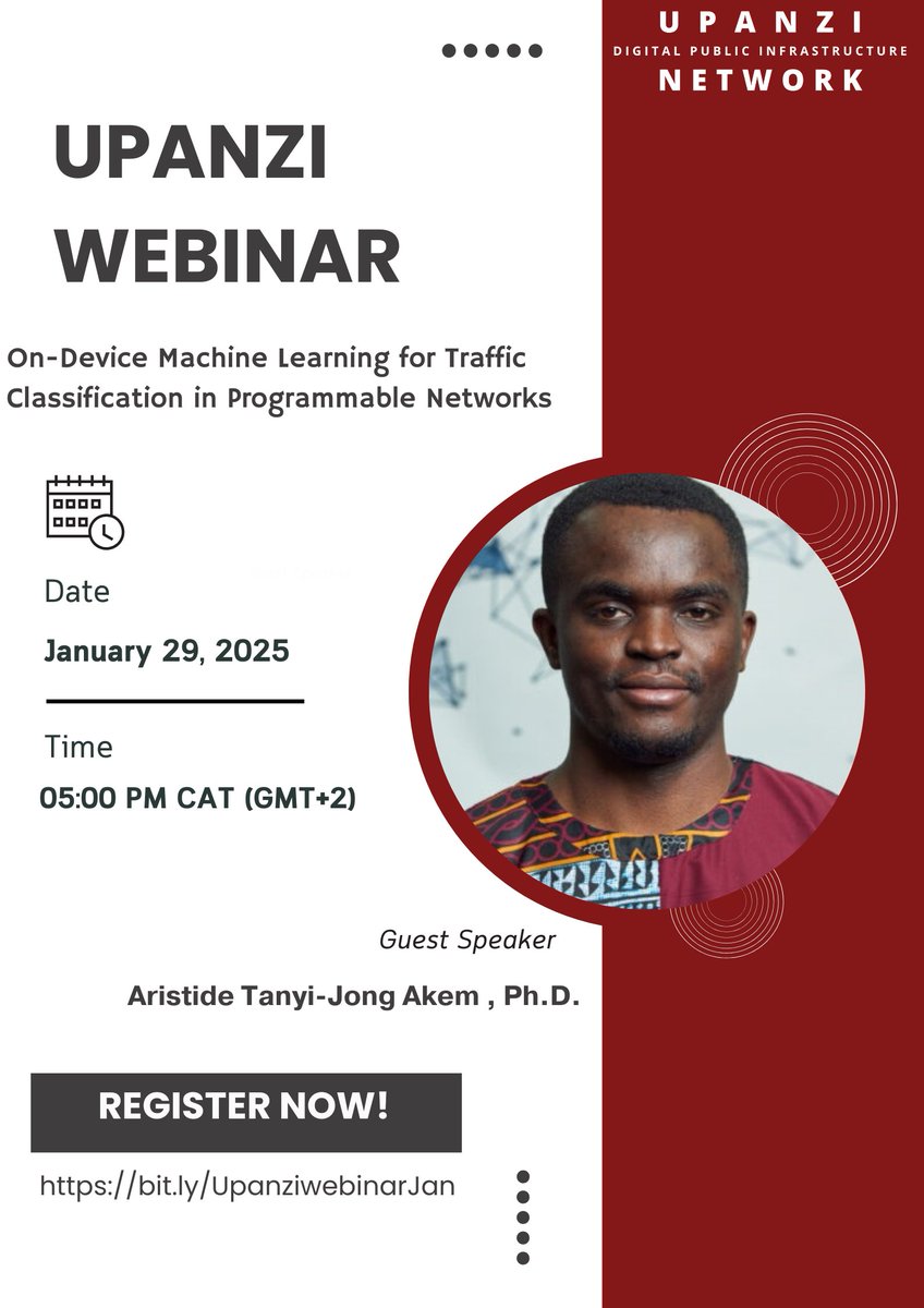 The Upanzi Network at CMU-Africa (@upanzi_network) on Twitter photo 🚀 Kick off 2025 with the first Upanzi Webinar of the year!
🗓 Jan 29 | 🕔 5 PM CAT (GMT+2)
👨🔬 Dr. Aristide Akem 
📍 Topic: "On-Device Machine Learning for Traffic Classification in Programmable Networks"
🔗 Register Now: bit.ly/UpanziwebinarJ…
#MachineLearning #upanziwebinar 🚀 Kick off 2025 with the first Upanzi Webinar of the year!
🗓 Jan 29 | 🕔 5 PM CAT (GMT+2)
👨🔬 Dr. Aristide Akem 
📍 Topic: "On-Device Machine Learning for Traffic Classification in Programmable Networks"
🔗 Register Now: bit.ly/UpanziwebinarJ…
#MachineLearning #upanziwebinar