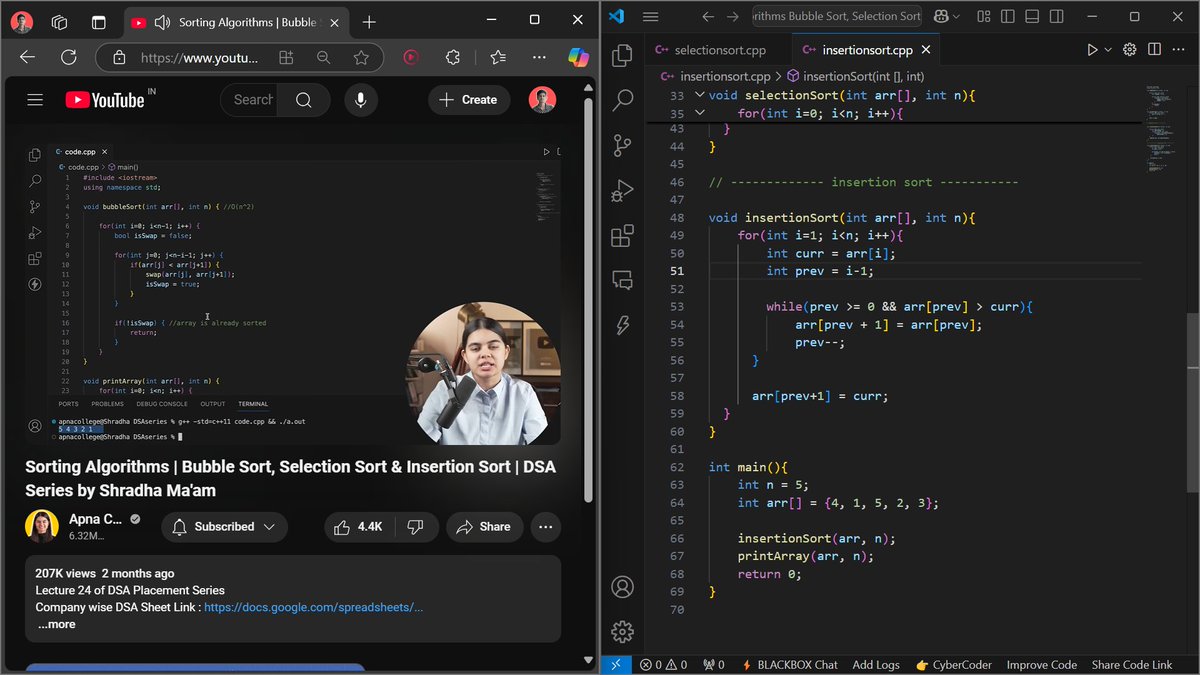 Piyush_regar_'s tweet image. 🚀 Day 25 of my DSA Journey
Learned Sorting Algorithms: Bubble Sort, Selection Sort & Insertion Sort!
 🧮 Sorting is the backbone of problem-solving, and mastering these basics feels empowering.
#100DaysOfCode #DSA #SortingAlgorithms