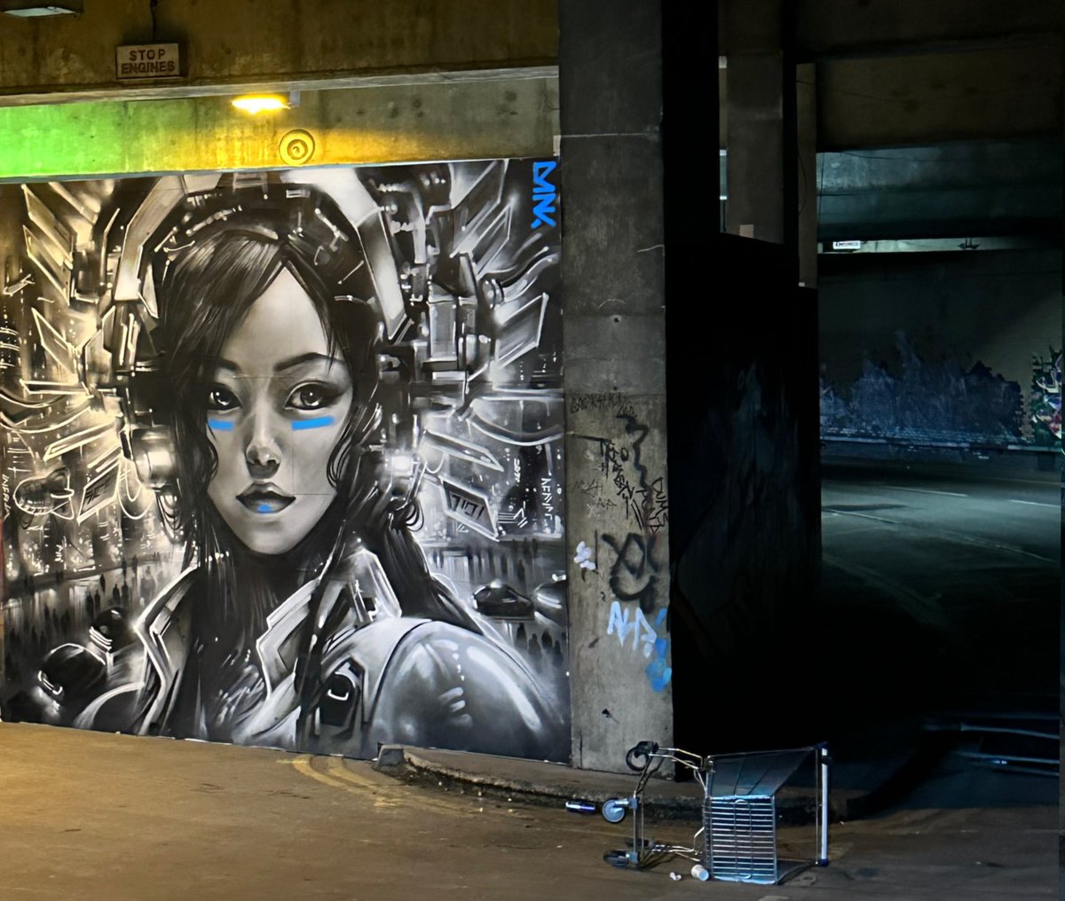 New mural work in Southend on sea / Essex - exploring my fantasy worlds on a larger scale with this cyber portrait over metropolis cityscape