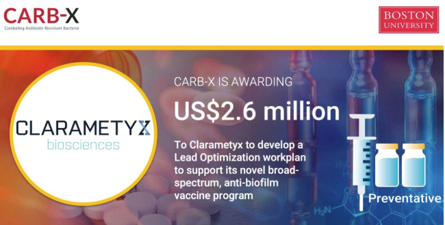 Great news: <a href="/CARB_X/">CARB-X</a> -X has announced funding for Clarametyx Biosciences to advance the development of an anti-biofilm vaccine. 

We look forward to seeing the impact this partnership will have on the future of AMR solutions.

Read it here ➡️ carb-x.org/carb-x-news/ca…