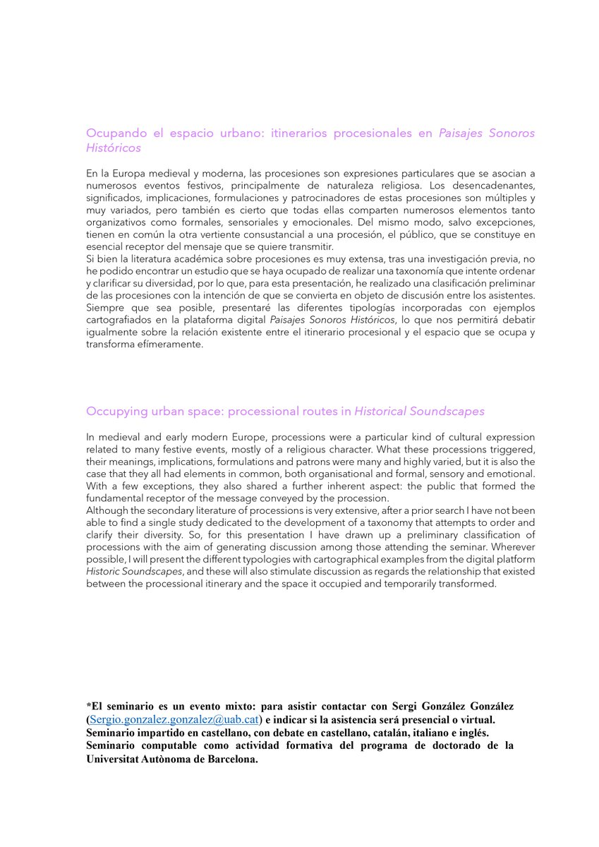 SOUNDSPACE Project (@urbanmusics_) on Twitter photo ¡Nuevo año, nuevo seminario SOUNDSPACE! Juan Ruiz Jiménez, autor y creador de <a href="/HistoricalSound/">Paisajes Sonoros Históricos</a>, nos hablará sobre tipologías y ejemplos cartografiados de procesiones para entender la relación entre itinerarios y espacios.
🗓️30 de enero
⏰ 16:00
📍Sala de Revistes y virtual ¡Nuevo año, nuevo seminario SOUNDSPACE! Juan Ruiz Jiménez, autor y creador de <a href="/HistoricalSound/">Paisajes Sonoros Históricos</a>, nos hablará sobre tipologías y ejemplos cartografiados de procesiones para entender la relación entre itinerarios y espacios.
🗓️30 de enero
⏰ 16:00
📍Sala de Revistes y virtual