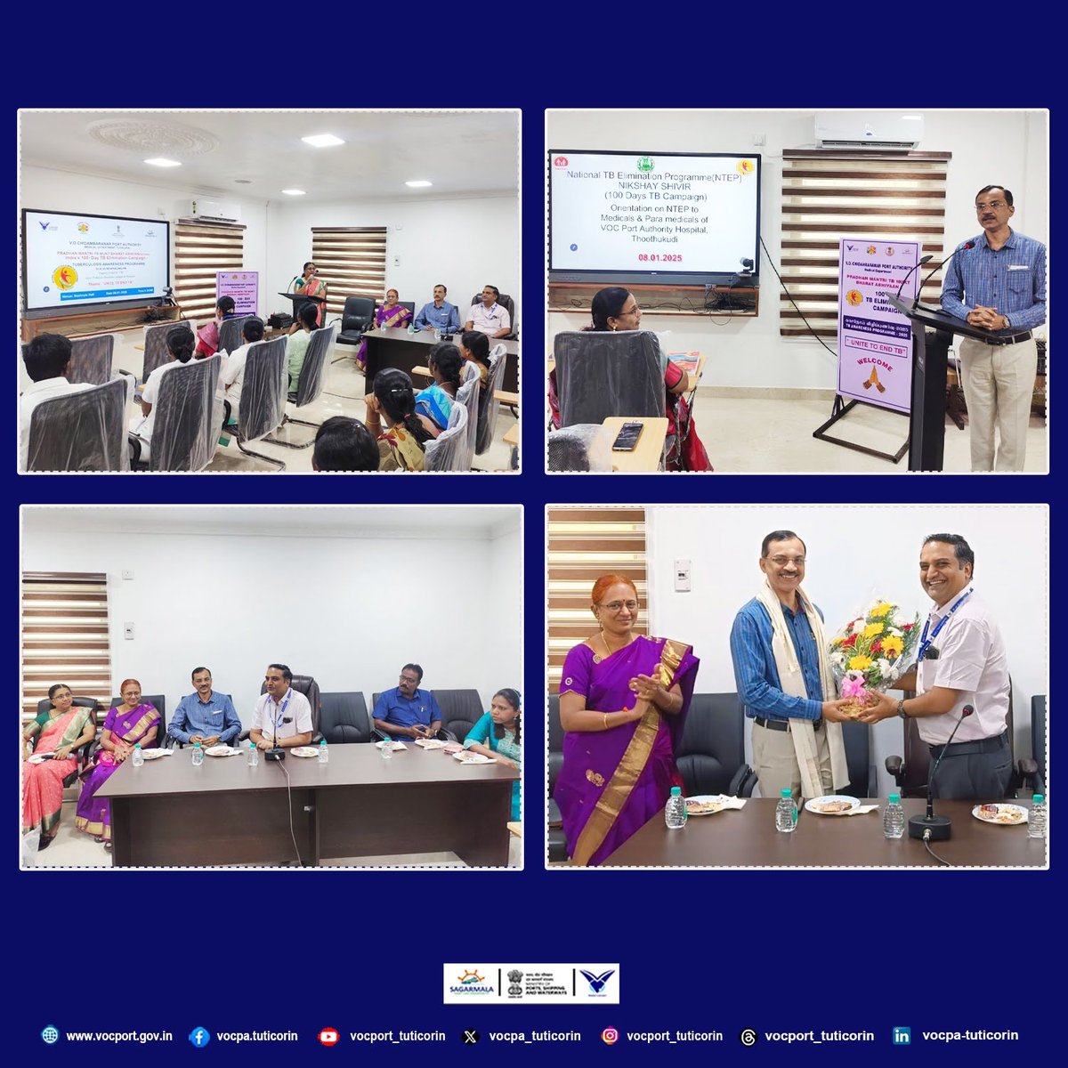vocpa_tuticorin's tweet photo. The Port launched the National TB Elimination Programme – 100 Days Campaign on 08.01.2025, as part of the Pradhan Mantri TB Mukt Bharat Abhiyaan, an initiative aimed at accelerating the country's progress toward TB elimination by 2025.  

As part of this programme, Dr. Sundaralingam, Deputy Director of Health Services, Thoothukudi Government Medical College & Hospital, delivered a lecture on TB awareness for doctors and paramedical staff of the Port's Hospital.

Dr. P. Naresh Kumar, Chief Medical Officer, stated that the Port has chalked out series of activities for successful implementation of the 100-day campaign and lend support in achieving a TB-free India.

@sarbanandsonwal
@Shantanu_bjp
@shipmin_india
@MoHFW_INDIA
@NHM_TN 
@pibchennai 

#TBMuktBharat
#PMTBMBA
#EndTB
