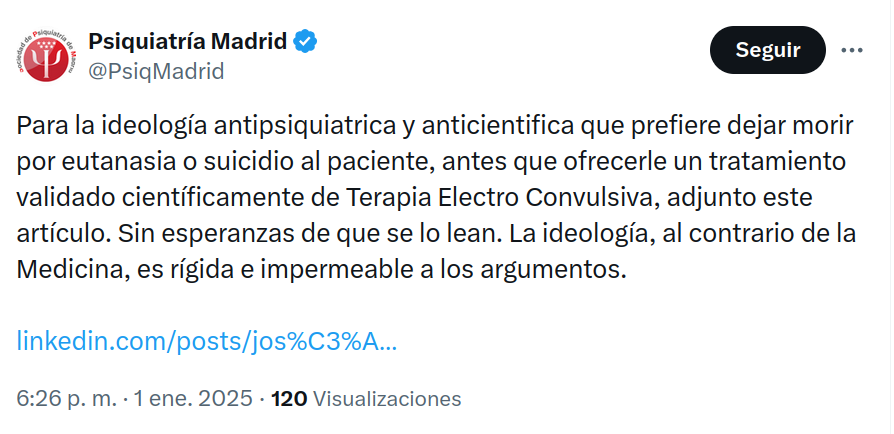 José Luis Carrasco y la Sociedad de Psiquiatría de Madrid son uno y lo mismo. Ni se corta en hablar en primera persona del singular y enlazar a su perfil de LinkedIn. 
Para conocer el estado de la evidencia científica sobre el electrochoque, recomendamos leer al doctor John Read.