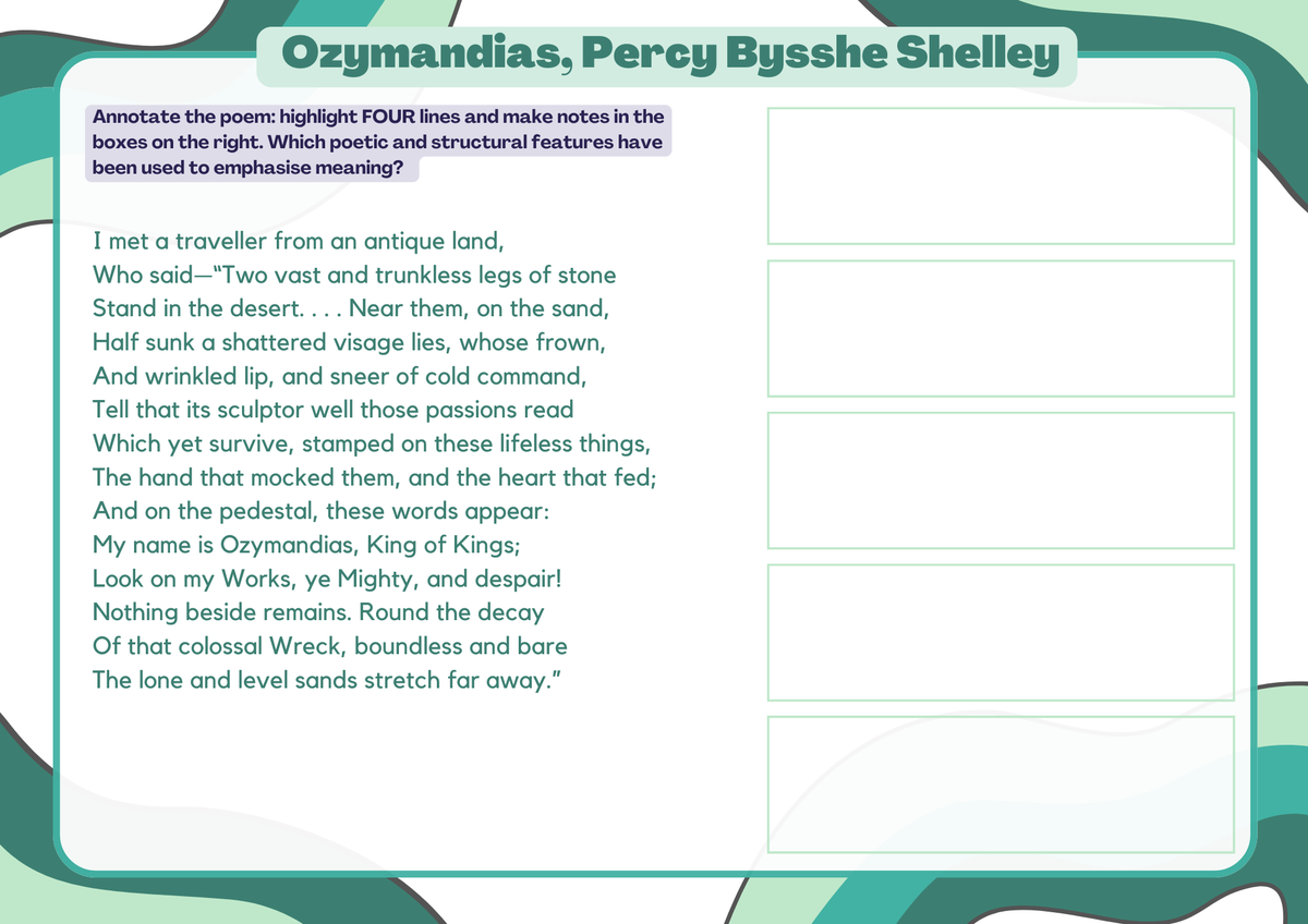 mrs_chudasama's tweet photo. 🗿Teaching Ozymandias? 🗿
Ozymandias, Percy Shelley, Study Booklet (AQA) https://t.co/aNpdmDPPQK
💔Quotation analysis
💔Exam Qs
💔Contextual links
💔SO MUCH MORE!
#English #TeamEnglish #Literature #Poetry #edutwitter #GetStudying #Revision #Exam #GCSE https://t.co/h6mv9liQy8