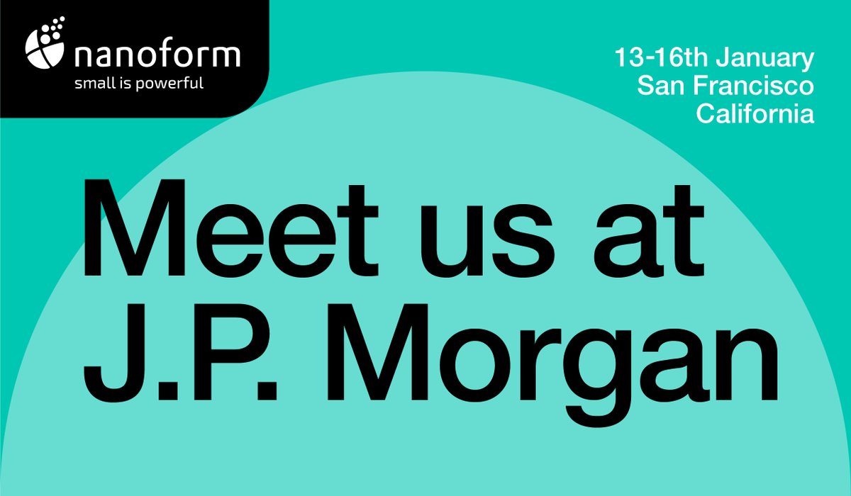Nanoform (@nanoformf) on Twitter photo Meet the Nanoform Team at J.P. Morgan 2025!
From January 13th - 16th, our team will be attending the J.P. Morgan Healthcare Conference in San Francisco.
Donโt miss the opportunity to connect! Reach out to arrange a meeting!
๐ info@nanoform.com
#NanoImprove #JPM25 Meet the Nanoform Team at J.P. Morgan 2025!
From January 13th - 16th, our team will be attending the J.P. Morgan Healthcare Conference in San Francisco.
Donโt miss the opportunity to connect! Reach out to arrange a meeting!
๐ info@nanoform.com
#NanoImprove #JPM25