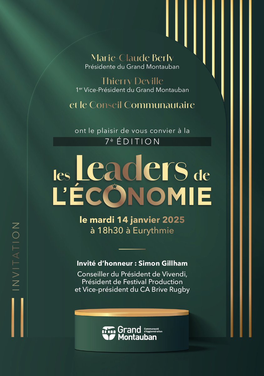 📅#Montauban : La soirée des Leaders de l'économie, organisée salle Eurythmie à Montauban, aura lieu le mardi 14 janvier avec Simon Guillham <a href="/vivendi/">Vivendi</a> comme invité d'honneur. <a href="/villemontauban/">Ville de Montauban</a> <a href="/GrandMontauban/">Grand Montauban</a> <a href="/BrigitteBareges/">Brigitte Barèges</a> <a href="/ThDEVILLE/">Thierry DEVILLE</a>