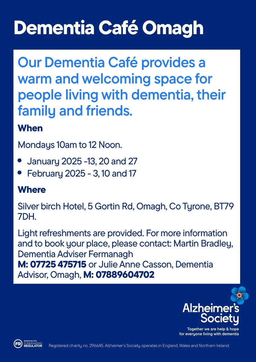 Christmas is over but the fun hasn’t stopped. Come along to our Dementia Café in Omagh to meet others and learn more about dementia! Contact Julie-Anne to book your place on 07889 604 702, or email omagh@alzheimers.org.uk