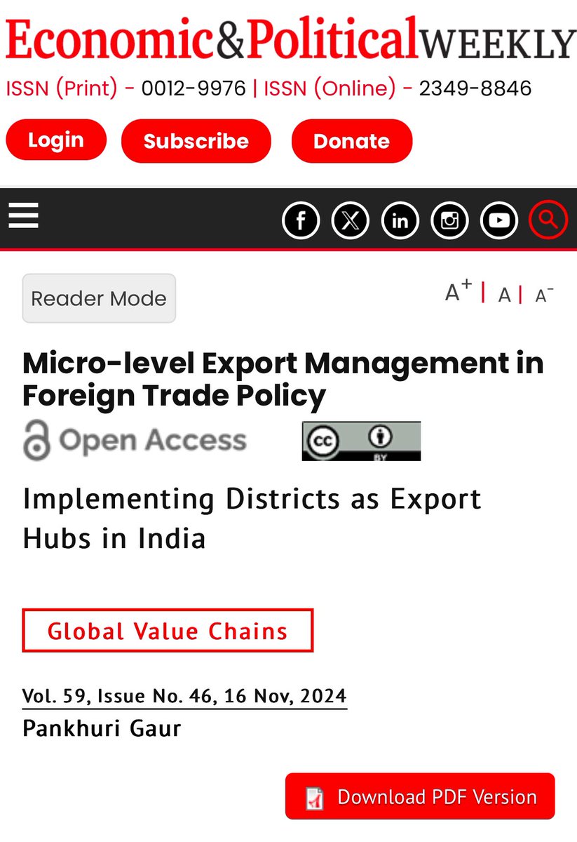 Happy to share a paper on #District as #ExportHub for enhancing India’s foreign trade in #EPWSpecialIssue on #TradePolicy #FTAs and #ValueChains 
Thank you <a href="/Sachin_Chat/">Sachin Chaturvedi</a> <a href="/SKMohanty2018/">Saroj Kumar Mohanty</a> <a href="/RIS_NewDelhi/">RIS</a> <a href="/epw_in/">Economic & Political Weekly</a> for this opportunity 

epw.in/journal/global…