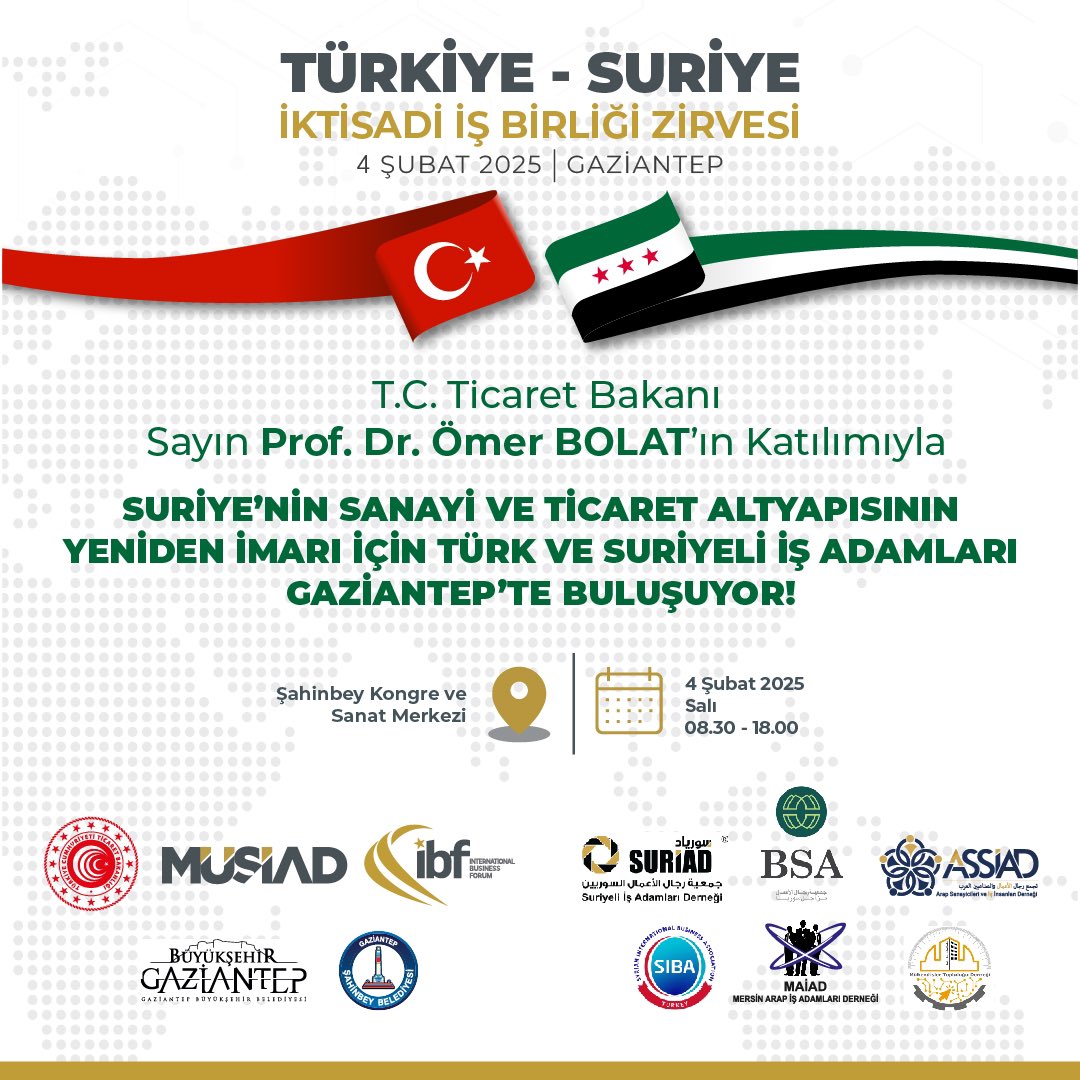 T.C. Ticaret Bakanlığı, MÜSİAD ve IBF tarafından gerçekleştirilecek olan Türkiye-Suriye İktisadi İş Birliği Zirvesi 4 Şubat’ta Gaziantep’te düzenlenecek.

Suriye’nin sanayi ve ticaret altyapısının yeniden imarı için bir araya gelinecek büyük buluşmada; @Ticaret Bakanımız Sayın