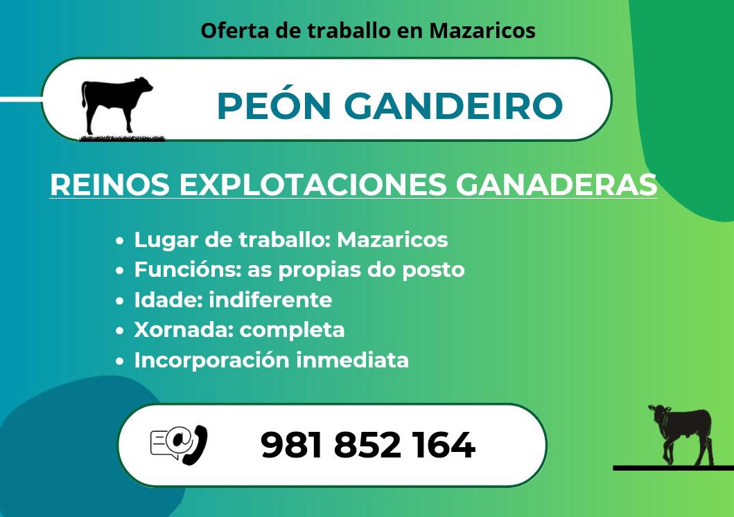 #emprego
Compartimos convosco esta nova oferta laboral dispoñible en Mazaricos.